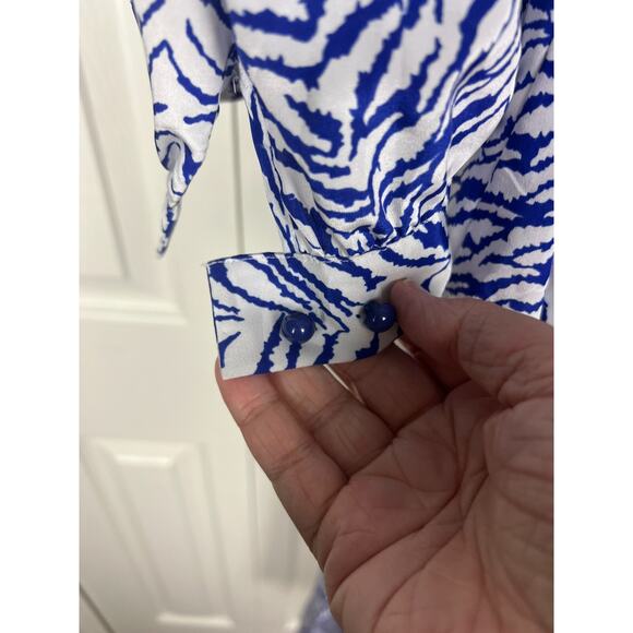 Vintage 80s Blue White Tiger Animal Print Secretary Dress Midi Oversized 12 L/XL - Picture 7 of 9